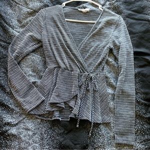 Black and white plaid tie wrap babydoll top